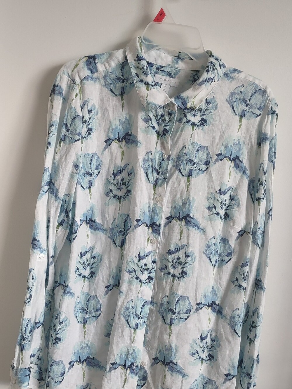 Charter Club White 100%linen Button-Down Shirt with Blue Floral Print